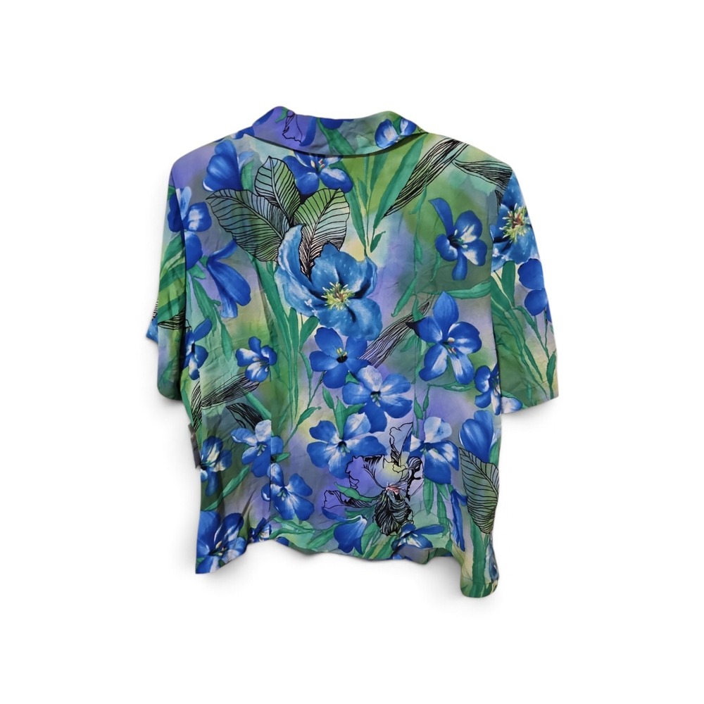 Koret Woman Blue Green Floral Rhinestone Button Up Shirt Short Sleeve 18W